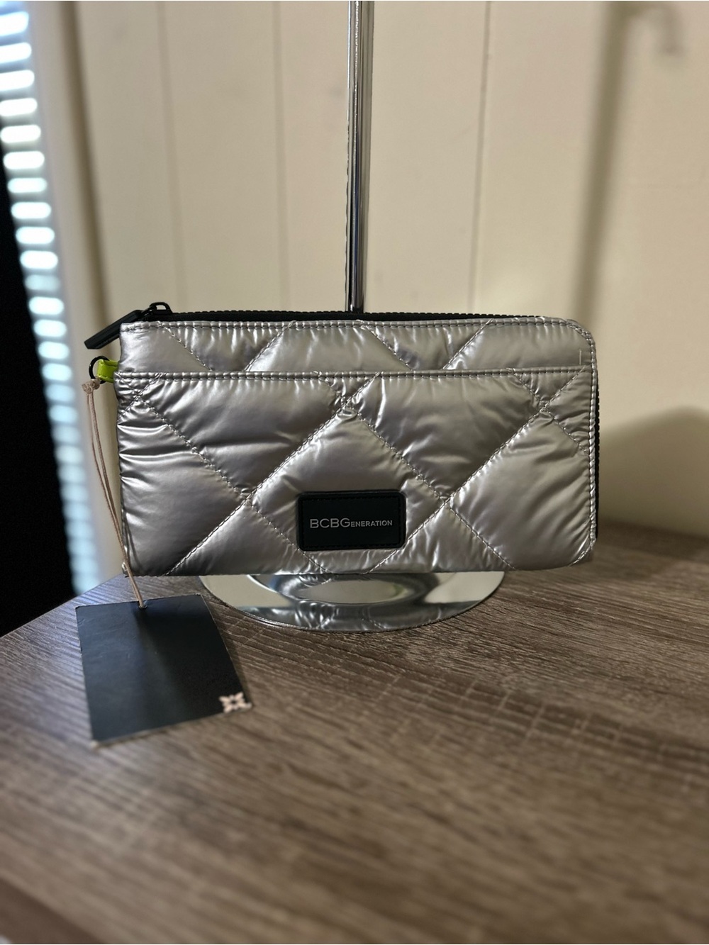 BCBGeneration Quilted Metallic Silver Zip-Around Wallet